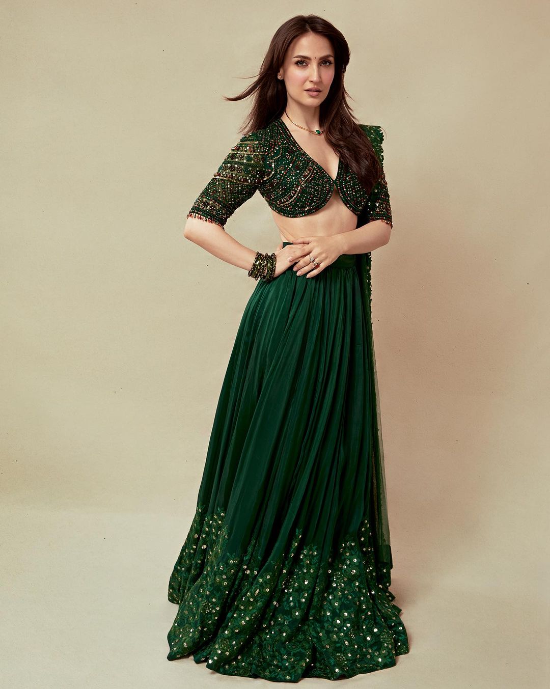 Mumbai Actress Elli AvrRam Images in Green Lehenga Choli